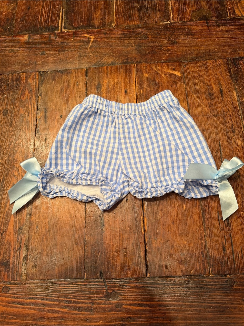 Baby Blue and White  Gingham Ruffle Shorts with Side Bows-Size 12-18 months